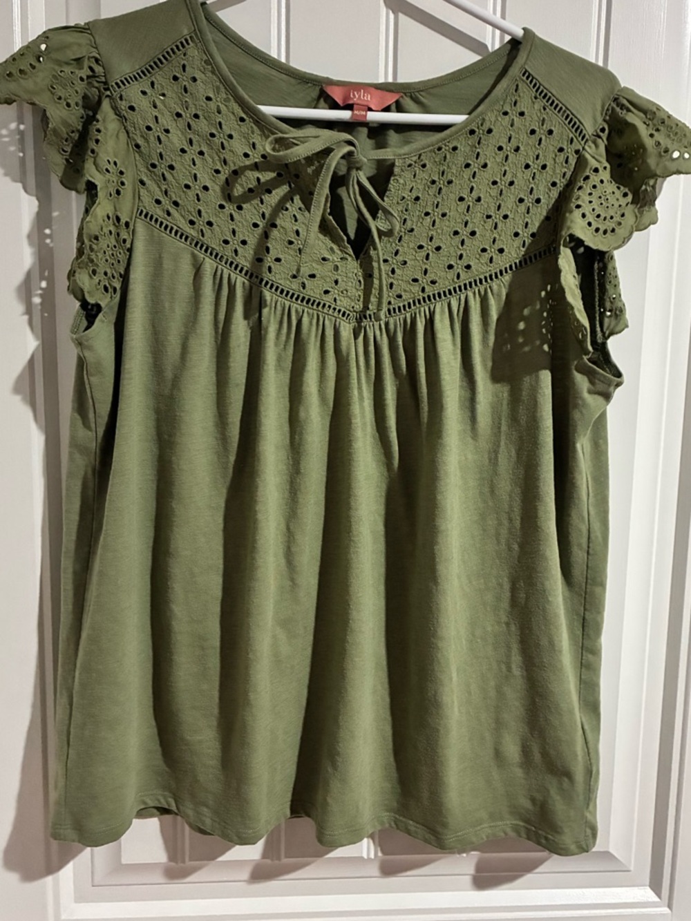 IYLA Olive Eyelet Tie-Neck Short Sleeve Top